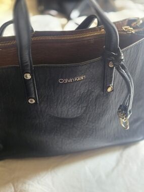 Calvin Klein Black Leather-Textured Tote with Gold Hardware